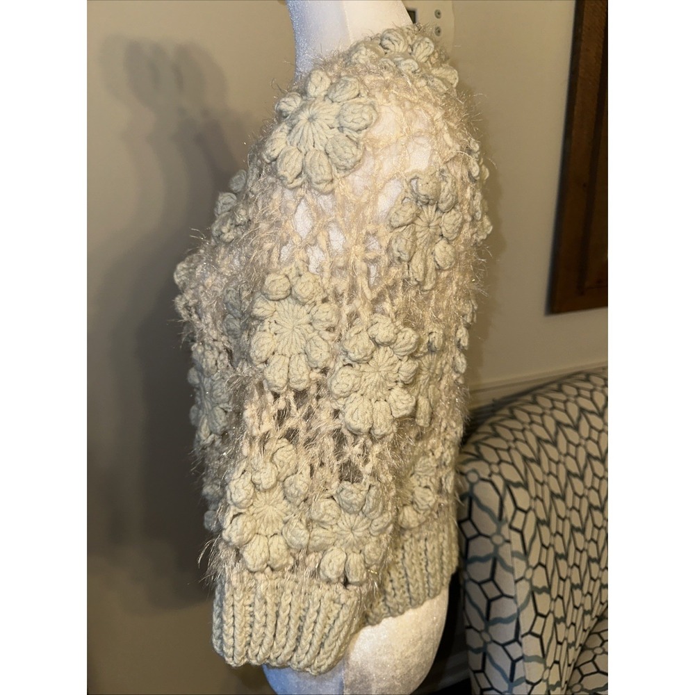 Rebecca Elliot Knitted Cardigan Crochet Flowers Cream Color Sweater - Picture 3 of 10